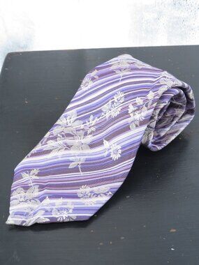 Dona Vinci Mens Silk Tie Purple Stripe Floral Necktie Classic Standard One Size